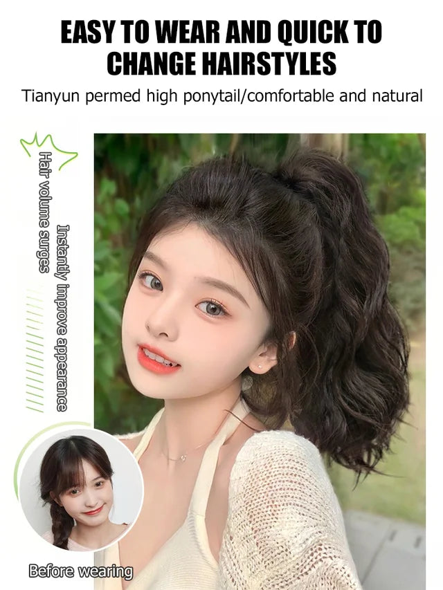 Beautiful high ponytail with realisticshort curly hair
