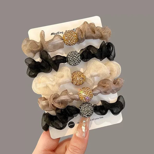 5Pcs Set Elegant Rhinestone Mesh Hair Ties